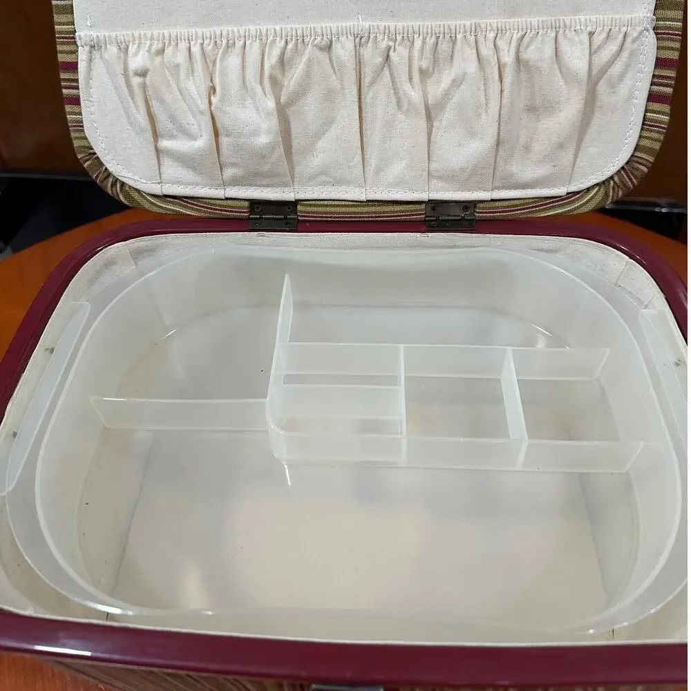 Vintage Striped Fabric Covered Sewing Box/Tote with Lining and Tray